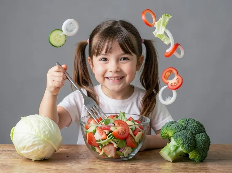 Bambina e verdura ricca di fibre