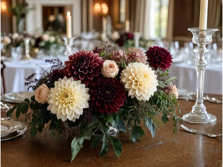 Fiori di stagione e allestimento: dalie, rose da giardino e fogliame