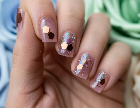 Una manicure rose quartz abbinata a dei glitter