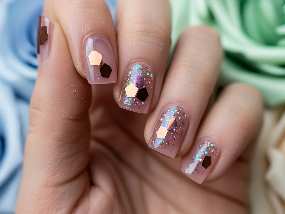 Una manicure rose quartz abbinata a dei glitter