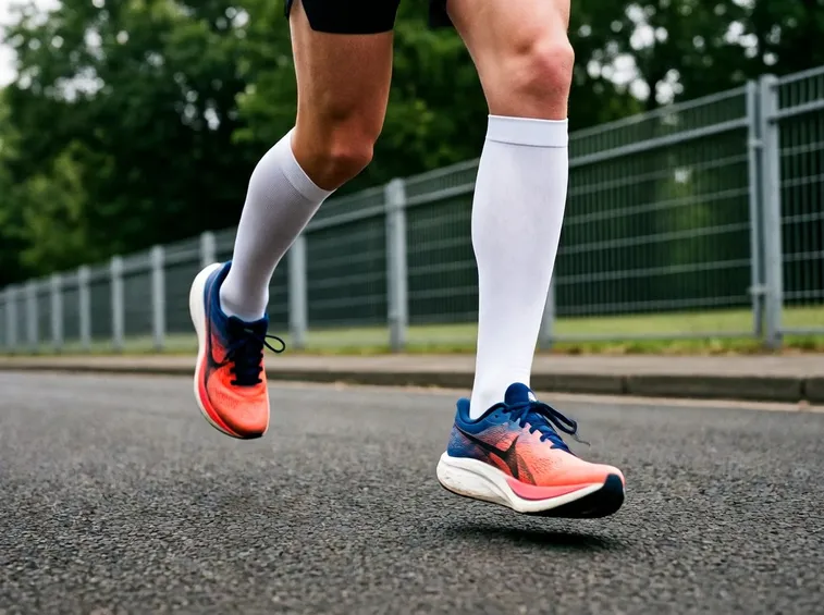 Atleta che corre indossando le calze a compressione
