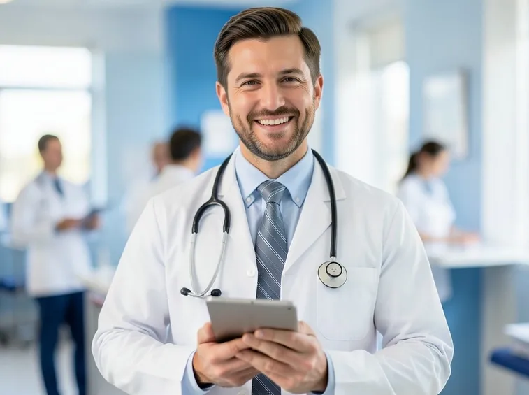Medico mentre utilizza un tablet