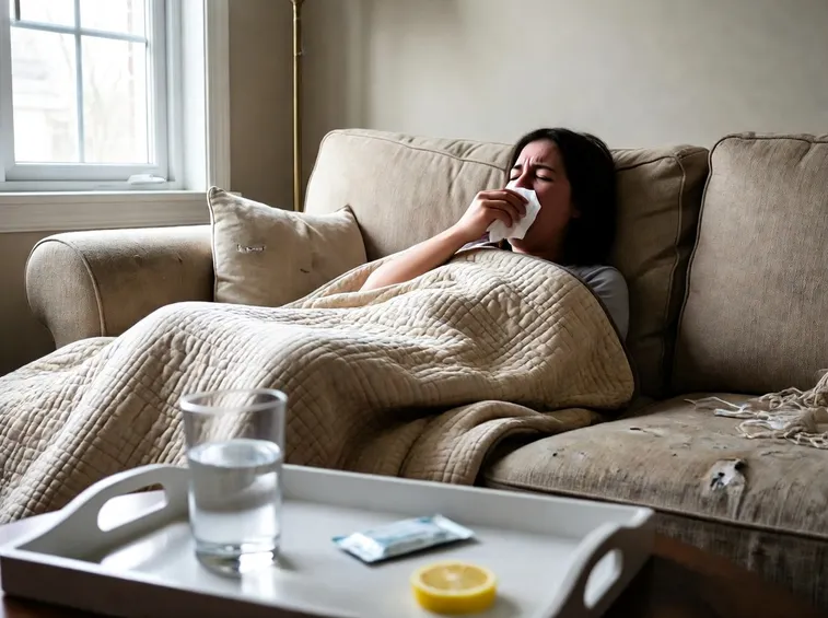 Persona che tossisce in un fazzoletto
